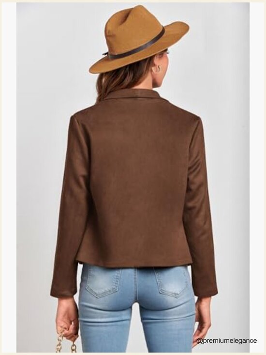 Faux Suede Cropped Jacket Long Sleeve Open Front Waterfall Collar Casual - Picture 2 of 7